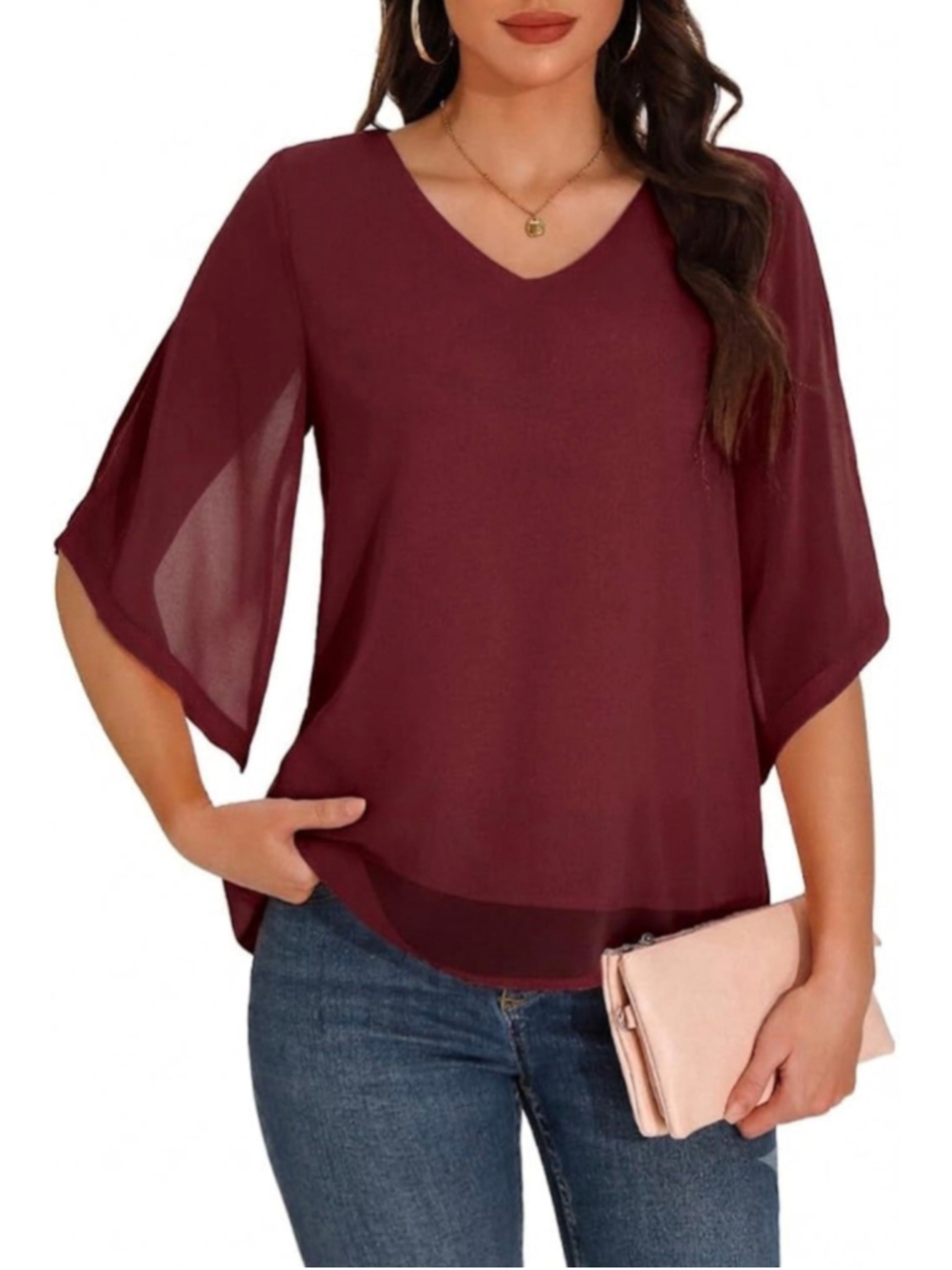 NEW Ruffle 3/4 Sleeve Chiffon Tops V Neck 2 Layers Blouse M